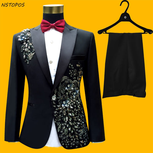 Heavy Workmanship Stage Suit Men Wedding Beads Suits Costume Homme Paillette Suit Party Event DJ Stage Costume Homme Slim Suit