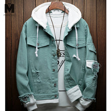Load image into Gallery viewer, Men women 2019 New spring Fake two pieces Stitching Pink Ripped Hooded Denim jeans Jacket Hip Hop Swag Loose Holes Casual Coats