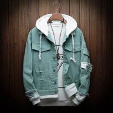 Load image into Gallery viewer, Men women 2019 New spring Fake two pieces Stitching Pink Ripped Hooded Denim jeans Jacket Hip Hop Swag Loose Holes Casual Coats