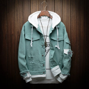 Men women 2019 New spring Fake two pieces Stitching Pink Ripped Hooded Denim jeans Jacket Hip Hop Swag Loose Holes Casual Coats