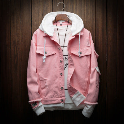 Men women 2019 New spring Fake two pieces Stitching Pink Ripped Hooded Denim jeans Jacket Hip Hop Swag Loose Holes Casual Coats