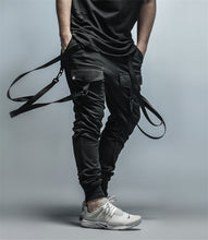 Load image into Gallery viewer, Cargo Pants Men Straps Black Hip Hop Casual Streetwear Sweatpants Ribbon Men&#39;s Pencil Pants Black DG101