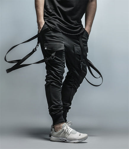 Cargo Pants Men Straps Black Hip Hop Casual Streetwear Sweatpants Ribbon Men's Pencil Pants Black DG101