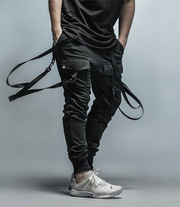 Cargo Pants Men Straps Black Hip Hop Casual Streetwear Sweatpants Ribbon Men's Pencil Pants Black DG101