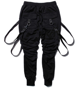Cargo Pants Men Straps Black Hip Hop Casual Streetwear Sweatpants Ribbon Men's Pencil Pants Black DG101