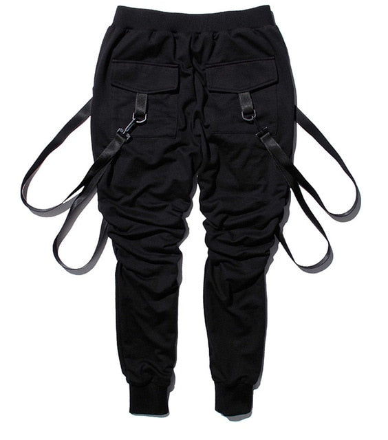 Cargo Pants Men Straps Black Hip Hop Casual Streetwear Sweatpants Ribbon Men's Pencil Pants Black DG101