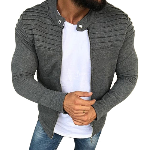 LITTHING Casual Jacket Men Winter Autumn Streetwear Windbreaker Mens Clothing Pleats Slim Stripe Raglan Zipper Long Sleeve Coats