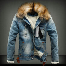 Load image into Gallery viewer, Retro Ripped Fleece Jeans Jacket and Coat for Autumn Winter S-XXXXL Drop Shipping Mens Denim Jacket with Fur Collar