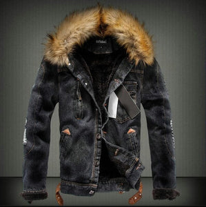 Retro Ripped Fleece Jeans Jacket and Coat for Autumn Winter S-XXXXL Drop Shipping Mens Denim Jacket with Fur Collar