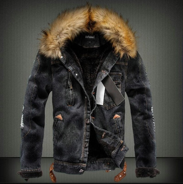 Retro Ripped Fleece Jeans Jacket and Coat for Autumn Winter S-XXXXL Drop Shipping Mens Denim Jacket with Fur Collar