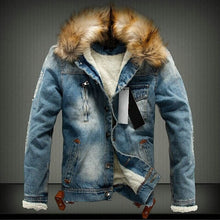 Load image into Gallery viewer, Retro Ripped Fleece Jeans Jacket and Coat for Autumn Winter S-XXXXL Drop Shipping Mens Denim Jacket with Fur Collar