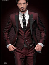Load image into Gallery viewer, New Brand Groom Tuxedo Suit 2019 Custom Made Wine Red Men Suits Terno Slim Fit Peaked Lapel Groomsmen Men Wedding Prom Suits