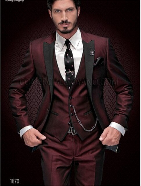 New Brand Groom Tuxedo Suit 2019 Custom Made Wine Red Men Suits Terno Slim Fit Peaked Lapel Groomsmen Men Wedding Prom Suits