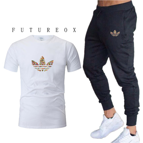 Mens Joggers Casual Pants Fitness Men Sportswear Tracksuit Bottoms Skinny Sweatpants  Black Gyms Jogger Track Pants+t-shirts set