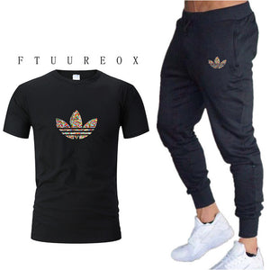 Mens Joggers Casual Pants Fitness Men Sportswear Tracksuit Bottoms Skinny Sweatpants  Black Gyms Jogger Track Pants+t-shirts set