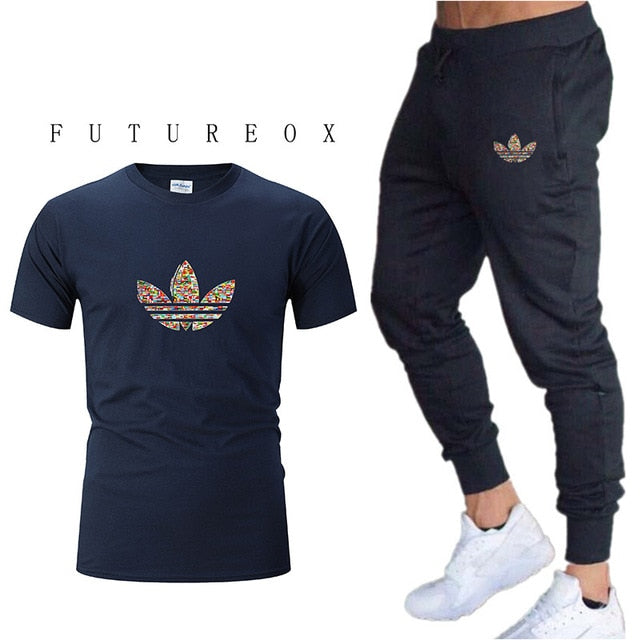 Mens Joggers Casual Pants Fitness Men Sportswear Tracksuit Bottoms Skinny Sweatpants  Black Gyms Jogger Track Pants+t-shirts set