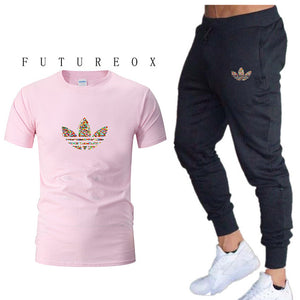 Mens Joggers Casual Pants Fitness Men Sportswear Tracksuit Bottoms Skinny Sweatpants  Black Gyms Jogger Track Pants+t-shirts set