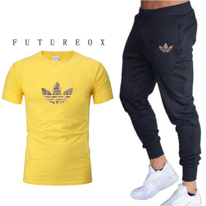 Mens Joggers Casual Pants Fitness Men Sportswear Tracksuit Bottoms Skinny Sweatpants  Black Gyms Jogger Track Pants+t-shirts set
