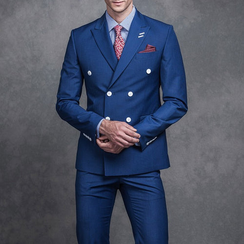 Royal Blue Business Men Suits Double Breasted Peaked Lapel Two Piece Jacket Pants Formal Wedding Groom Tuxedos