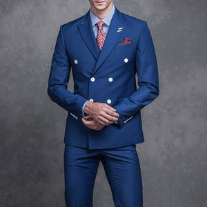 Royal Blue Business Men Suits Double Breasted Peaked Lapel Two Piece Jacket Pants Formal Wedding Groom Tuxedos
