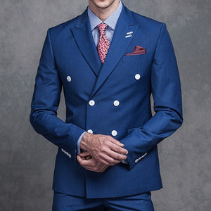 Royal Blue Business Men Suits Double Breasted Peaked Lapel Two Piece Jacket Pants Formal Wedding Groom Tuxedos