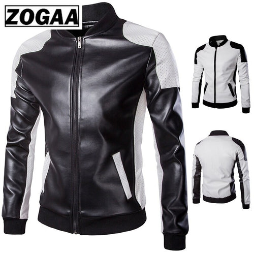 2018 Autumn Men's Stand Collar Jacket Black White Stitching Big Yard Male Leather Coat High-quality Clothes Streetwear For Men