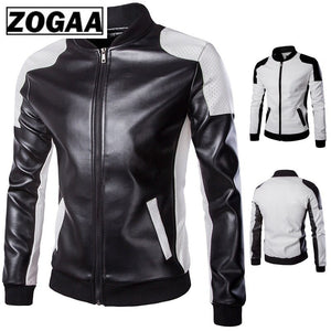 2018 Autumn Men's Stand Collar Jacket Black White Stitching Big Yard Male Leather Coat High-quality Clothes Streetwear For Men