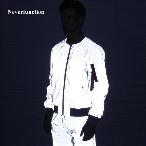 Men full reflective Windbreaker zipper Bomber jacket Fashion male Streetwear hip hop Loose Hooded Coats Plus Size 4XL