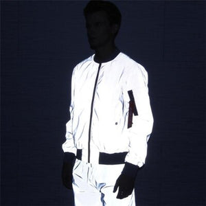 Men full reflective Windbreaker zipper Bomber jacket Fashion male Streetwear hip hop Loose Hooded Coats Plus Size 4XL