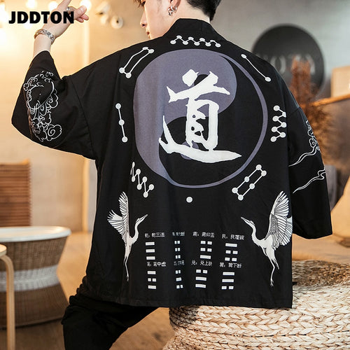 JDDTON Men's Kimono Fashion Jackets Cardigan Traditional Japanese Yukata Outerwear Samurai Haori Coat Male Casual Overcoat JE008