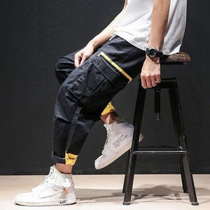 2019 Men Multi-pocket Elastic Waist Design Harem Pant Street Punk Hip Hop Red Casual Trousers Joggers HKJ1