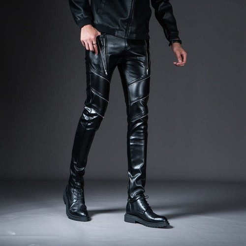 New Spring Men's Skinny Leather Pants Fashion Faux Leather Trousers For Male Trouser Stage Club Wear Biker Pants