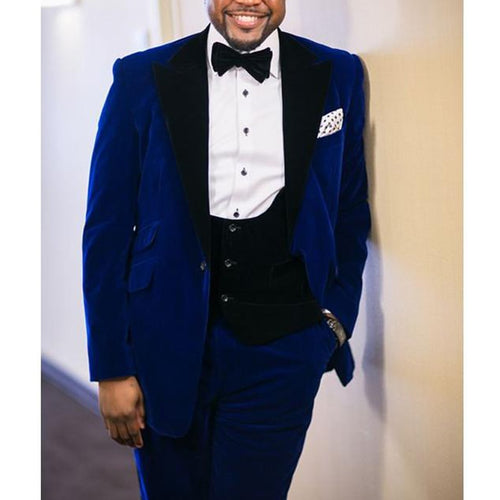 Royal Blue Velvet Wedding Men Suits for Prom Blazer Peaked Lapel Groom Tuxedos 3 Piece Set Jacket Pants with Black Vest