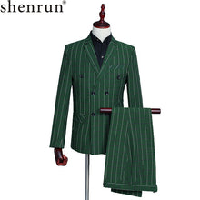 Load image into Gallery viewer, Shenrun Men&#39;s Suits Green Checked Double Breasted 3-Piece Suit Jacket Vest Pants Wedding Business Party Prom Stage Male Costumes