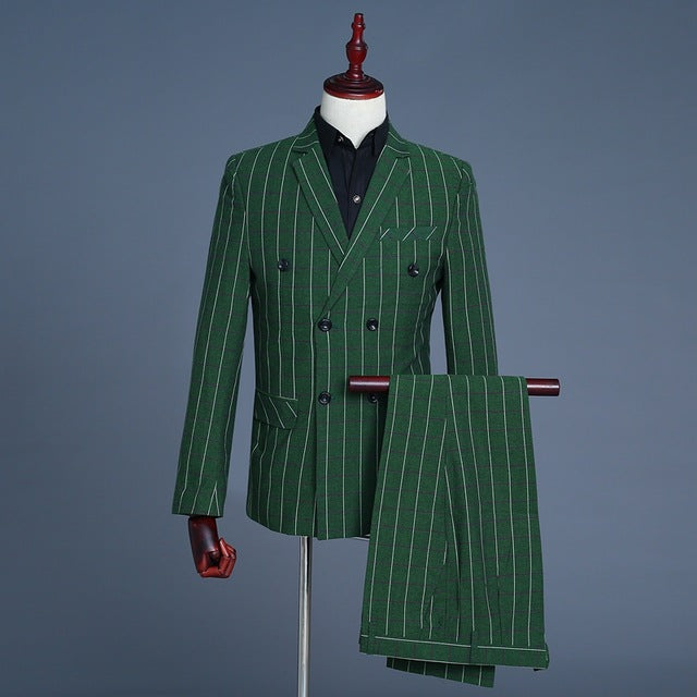 Shenrun Men's Suits Green Checked Double Breasted 3-Piece Suit Jacket Vest Pants Wedding Business Party Prom Stage Male Costumes