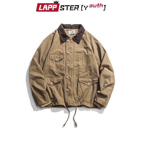 LAPPSTER Men Harajuku Vintage Bomber Jacket 2019 Mens Green Cargo Jacket Windbreaker Pockets Hip Hop Streetwear Fashions Coats