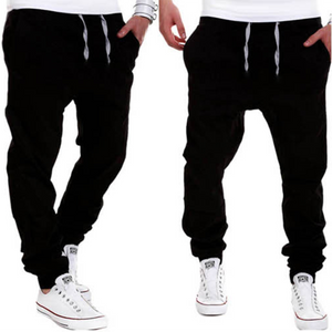 Men Long Pants Solid Black Color Drawstring Mid Waist Loose Casual Style Sutumn Autumn Wear Trousers Cross Pants Fashion /-