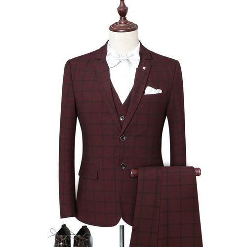 Men's suit three-piece suit (coat + pants + vest) spring and autumn new men's plaid business formal suit male prom party dress