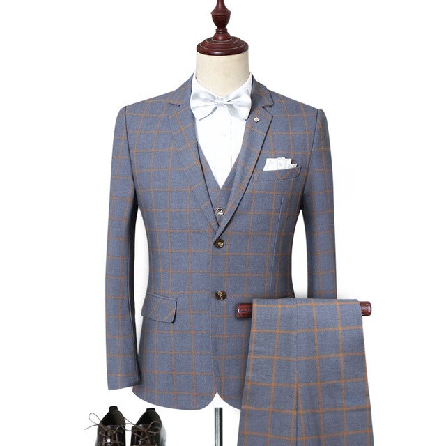 Men's suit three-piece suit (coat + pants + vest) spring and autumn new men's plaid business formal suit male prom party dress
