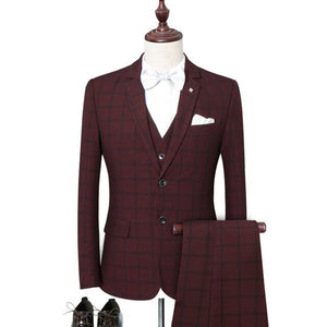Men's suit three-piece suit (coat + pants + vest) spring and autumn new men's plaid business formal suit male prom party dress