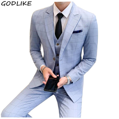 Mens 3 Piece Suits 2019 Autumn Fashion Men's Suit Blue Cool Handsome Plaid Suit Plus Size 5XL Casual Slim Fit Groom Suit Sets
