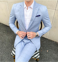 Load image into Gallery viewer, Mens 3 Piece Suits 2019 Autumn Fashion Men&#39;s Suit Blue Cool Handsome Plaid Suit Plus Size 5XL Casual Slim Fit Groom Suit Sets