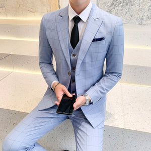 Mens 3 Piece Suits 2019 Autumn Fashion Men's Suit Blue Cool Handsome Plaid Suit Plus Size 5XL Casual Slim Fit Groom Suit Sets