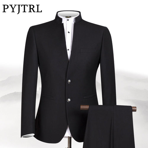 PYJTRL New S-4XL Men Chinese Tunic Collar Bridegroom Suit Formal Wear Dress Slim Fit Mens Suits Groom Wedding Blazer Pants Homme