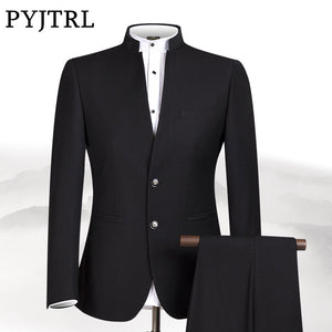 PYJTRL New S-4XL Men Chinese Tunic Collar Bridegroom Suit Formal Wear Dress Slim Fit Mens Suits Groom Wedding Blazer Pants Homme