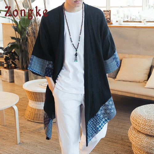 Zongke Chinese Kimono Cardigan Men Open Stitch Traditional Mens Kimono Cardigan Plus Size Long Kimono Jacket Men 2018 Summer