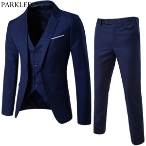 Men's Formal Business Slim Fit Navy Blue 3pc Suits (Jacket+Pants+Vest) 2019 Spring New One Button Notched Lapel Costume Homme