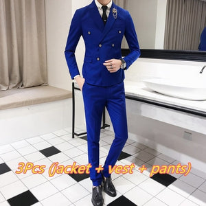 Luxury Royal Men's Suit 3 sets Fashion Boutique Double-breasted Solid Color Wedding Dress New Slim Business Banquet Formal Dress