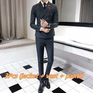 Luxury Royal Men's Suit 3 sets Fashion Boutique Double-breasted Solid Color Wedding Dress New Slim Business Banquet Formal Dress