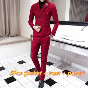 Luxury Royal Men's Suit 3 sets Fashion Boutique Double-breasted Solid Color Wedding Dress New Slim Business Banquet Formal Dress